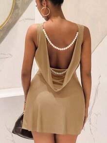 2025 Nuevo vestido mini de línea A con cuello en V sin mangas, cintura fruncida, espalda abierta, decoración de cadena de perlas, de satén elástico, color marrón, adecuado para fiesta de cumpleaños, San Valentín, Halloween, Navidad, vestido de ya - Champán - Ver 7