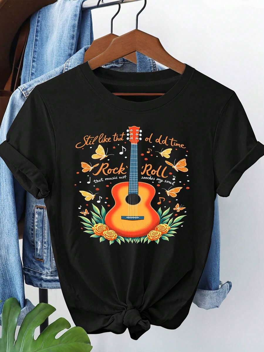 Women's Short-Sleeved, Round-Neck T-Shirt With Vintage Rock And Roll Guitar Graphic Print, Casual For Spring-Summer, Everyday Wear, Holiday Gift - 黑色 - 查看 1
