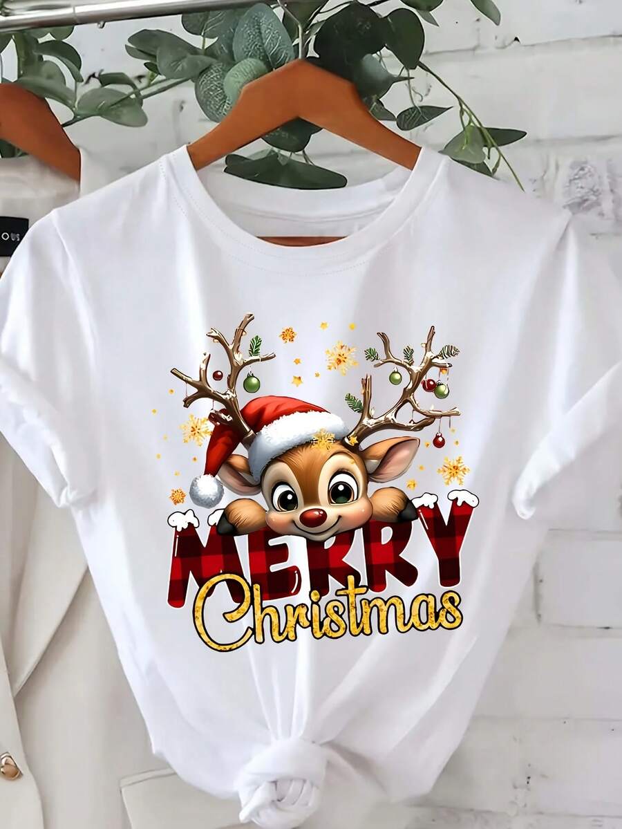 Women's Christmas Graphic T-Shirt With Red Reindeer And Merry Christmas Design - Casual Short Sleeve Crew Neck T-Shirt With Reindeer And Snowflake Print Y2k - 白色 - 查看 1