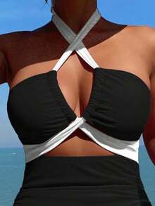 Traje de baño de una pieza con cuello cruzado y unicolor para mujer de playa de verano - Blanco y Negro - Ver 3