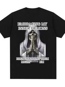 playeras de mujerEmbracing My Inner Demons French Kissing Them Might Em Funny Skeleton Meme Graphic T Shirt Men Women Cotton Short Sleeve T-shirt - Negro - Ver 1