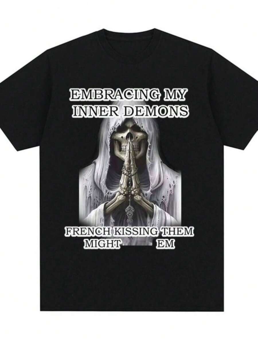 playeras de mujerEmbracing My Inner Demons French Kissing Them Might Em Funny Skeleton Meme Graphic T Shirt Men Women Cotton Short Sleeve T-shirt - Negro - Ver 1
