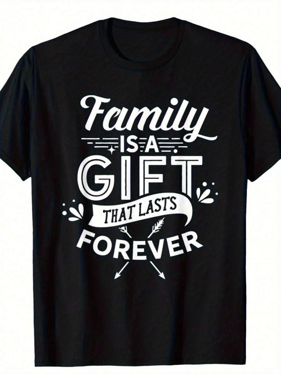 Camiseta de Reunión Familiar Compatible para Hombres y Mujeres - Verano 2025 (y para todo el año) Camiseta Retro con Estampado "La Familia Es Un Regalo Que Dura Para Siempre", Algodón Puro 220G, Cuello Redondo, Camiseta Casual para Conjuntos Familiares a Juego y Ropa para Fiestas de Reunión 2025 - Negro - Ver 1