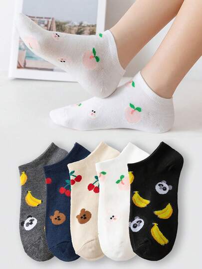 5 đôi tất nữ cổ thấp họa tiết trái cây và hoạt hình, tất ngắn mỏng thoáng khí, kiểu dáng thường ngày.