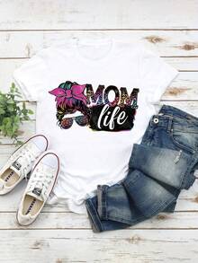 Modern, Casual Women's T-Shirt, Perfect For Parties And Lounging At Home. 100% Cotton, Relaxed Fit. Cute T-Shirt With A Leopard Print And The Phrase "Mom Life". 100% Cotton, Crew Neck, Slightly Stretchy, Short Sleeves, Knit Fabric, Suitable For All Seasons. 100% Cotton. - 白色 - 查看 2