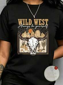 Camiseta de mujer, 1 unidad.Camiseta informal de cuello redondo con estampado de letras, ideal para todas las estaciones (primavera, verano, otoño e invierno).Perfecta para deportes / playa / ropa urbana / fiestas.Regalo ideal para él o ella.180 g y 100 % algodón (tallas S-3XL, Envío local) - Negro - Ver 1