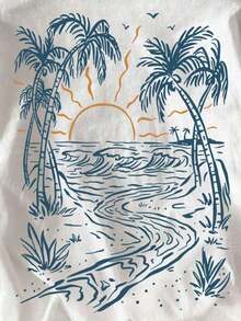 Camiseta Casual de Manga Corta para Mujer, con Estampado Gráfico de Líneas Estilo Playa Tropical en Azul y Naranja, Corte Holgado, Cuello Redondo, Estilo Urbano Vintage de Verano, Unisex, de Algodón, Manga Corta - Negro - Ver 6
