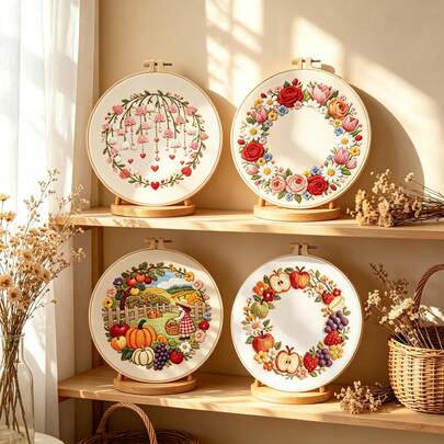 4 Sets Countryside Harvest, Floral Wreath, Fruit, Wind Chime Flower Embroidery Kits, DIY Handmade Craft Supplies For Beginners, Fresh Healing Home Decor