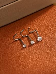 3 chiếc khuyên mũi tối giản mạ vàng/bạc đính đá Cubic Zirconia tròn, chất liệu thép không gỉ, không gây dị ứng, phù hợp cho nữ giới dự tiệc và đeo hàng ngày. - Bạc - Xem 3