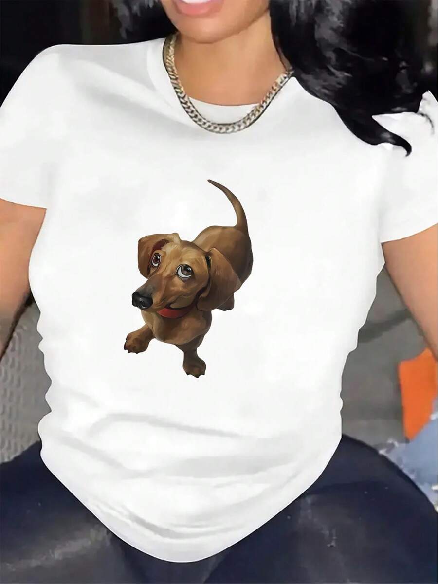 OversizeCamiseta ajustada con estampado de cachorro adorable |   Adecuado para uso en casa o al aire libre, tela duradera y cómoda, perfecto para uso casual en la sala de estar o comedor, cuello redondo, elasticidad media, encantador. - Blanco - Ver 1
