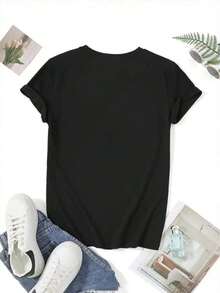 Casual Round Neck Short Sleeve T-Shirt For Women, Comfortable Fabric With Chili Pepper Print, Stylish And Lightweight, Perfect For Daily Wear, Outdoor Activities, Or Dining Out, Design For Fashion Lovers Casual Blouses For Women - 黑色 - 查看 2