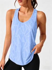 1pc Women's Summer Sports Vest, U-Back Geometric Jacquard Ice Blue Breathable Quick-Dry Fabric, Fashionable Casual Slim-Fit Versatile, Suitable For Outdoor Yoga, Fitness, Running, Climbing, Fishing Sports Top - Blue - View 3