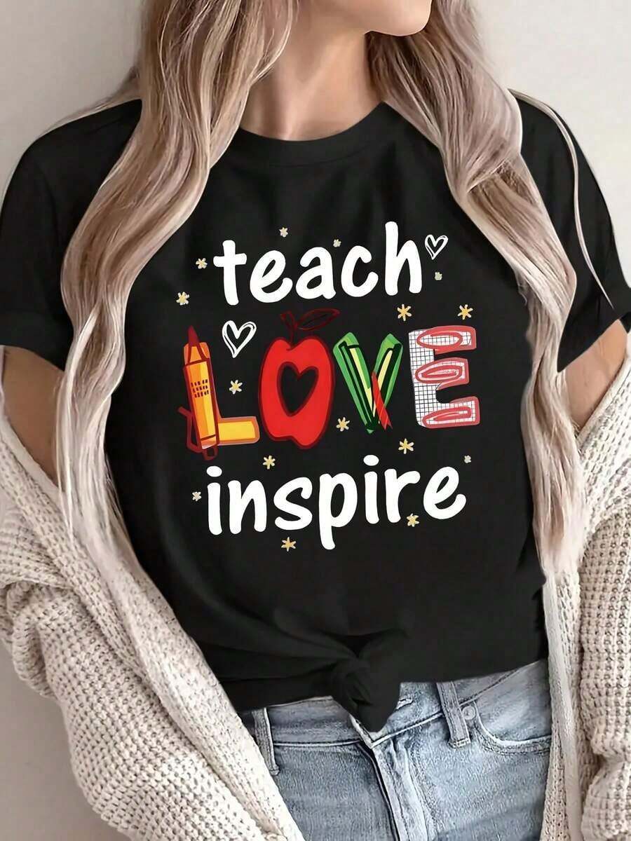 Letter Print, Short Sleeve, Round Neck, Casual Top For Summer And Spring, Women's Clothing, Casual Short Sleeve Graphic Print Round Neck T-Shirt For Women, Gift For Mother's Day And Easter. - 黑色 - 查看 1