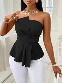 Top negro a la moda para mujer, top sin tirantes con hombros descubiertos, top de moda de verano, elegante y versátil, informal, para fiesta, artículo imprescindible - Negro - Ver 3