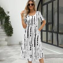 Vestido elegante con estampado y cuello redondo, manga corta y cremallera para mujer, nueva moda de verano 2024 para Europa y Estados Unidos. - Negro - Ver 5