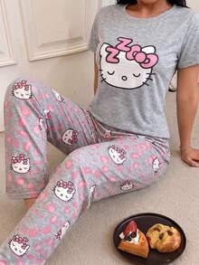 SANRIO 两件套 Hello Kitty 图案女士睡衣套装，柔软短袖上衣和长裤，可爱舒适的家居服 - 淺灰色 - 查看 4
