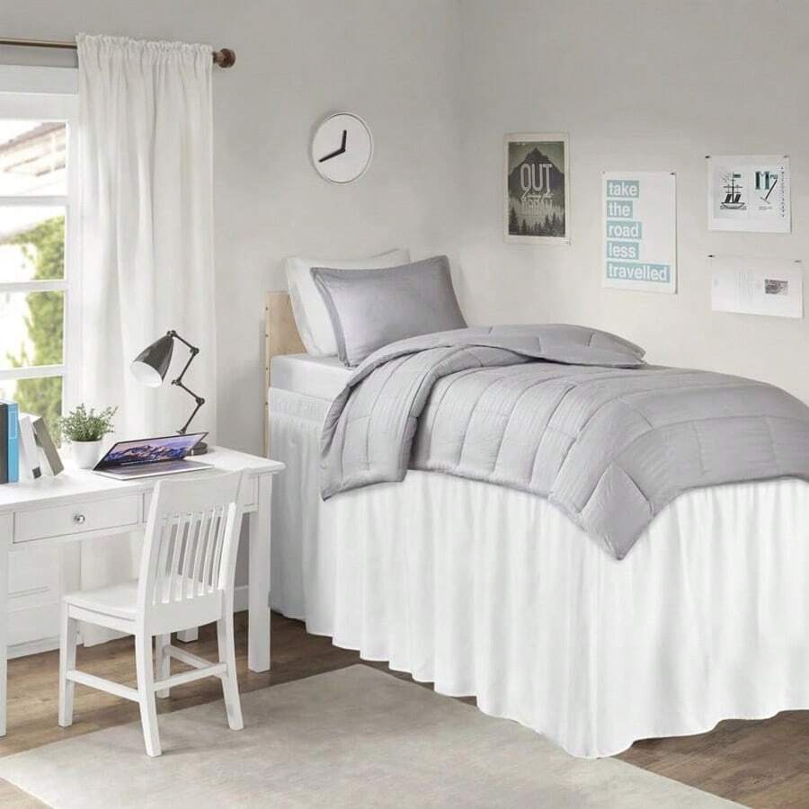 1pc Dorm Bed Skirt, Wrap-Around Design With Adjustable Elastic Band, Suitable For Dorm Bedding Set, Multiple Sizes: 32-36-42 Inch Skirt Drop, Adjustable To Fit Different Beds. Soft, Durable, Wrinkle-Resistant Fabric - Made Of Premium Microfiber, Dust Ruffle Style, Fade-Resistant, Machine Washable. - TwinXL 30" Drop - View 1