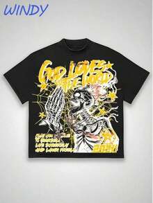 Plus Size Graphic Print Cotton T-Shirt, 180% Pure Cotton Black T-Shirt With Skull And Praying Hands Print, Yellow Print Elements, Y2K Style For Men And Women, Casual And Comfortable Summer T-Shirt, Short Sleeve With Fashionable And Multifunctional Design,  Street Style, Oversized Summer T-Shirt For Men - 黑色 - 查看 6