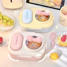 Cute Macaron Bento Box With Bow, Women's 3-Compartment Lunch Box With Utensils, Leak-Proof Microwave , Suitable For Office, School, Picnic - Beautiful And Portable - Multicolor - View 2