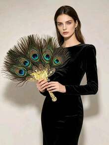 1pc Elegant Hand-Held Peacock Feather Fan, Suitable ForWeddings And Formal Occasions, No Power Supply Needed,Peacock Feather Design, Wedding Accessory,Festival,Accsesories - Multicolor - View 1