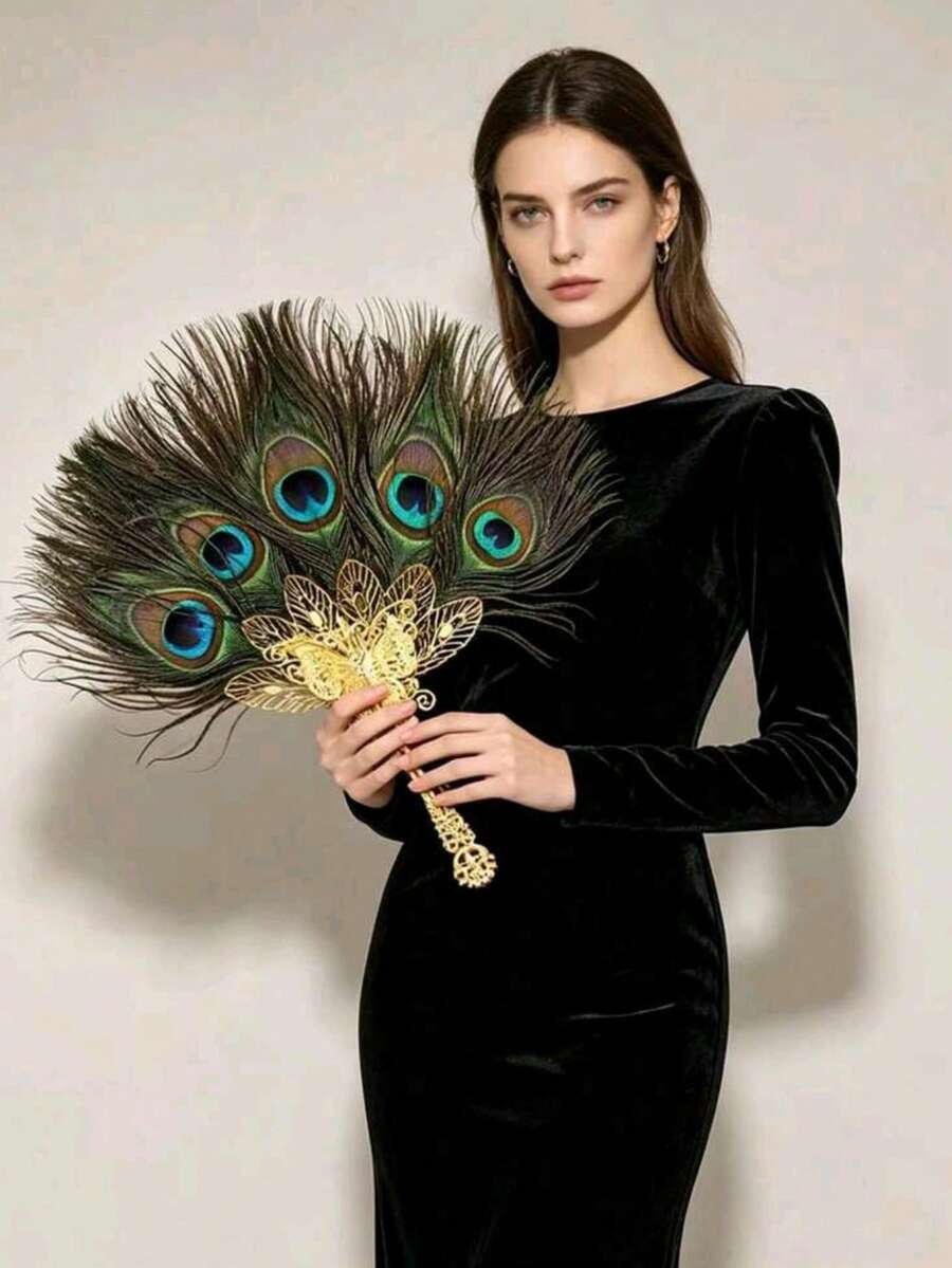 1pc Elegant Hand-Held Peacock Feather Fan, Suitable ForWeddings And Formal Occasions, No Power Supply Needed,Peacock Feather Design, Wedding Accessory,Festival,Accsesories - Multicolor - View 1
