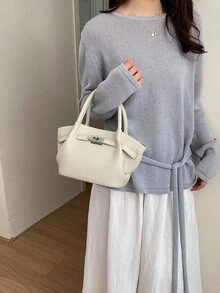 Dedoo 欧美时尚设计搭扣麂皮水桶包，女士秋冬购物、通勤、派对礼品手提包 - 米色 - 查看 6