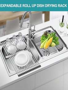 1 cái giá phơi bát đĩa cuộn, giá để ráo nước bồn rửa, giá đựng bát đĩa đa năng bằng thép không gỉ, giá để ráo nước nhà bếp gấp gọn, giá để ráo bát đĩa, giá cuộn, rổ để ráo nước trên bồn rửa bằng thép không gỉ, giá để bát đĩa di động bằng thép không gỉ, rổ rửa rau củ quả đa năng, dụng cụ nhà bếp thiết thực - Nhiều màu - Xem 7