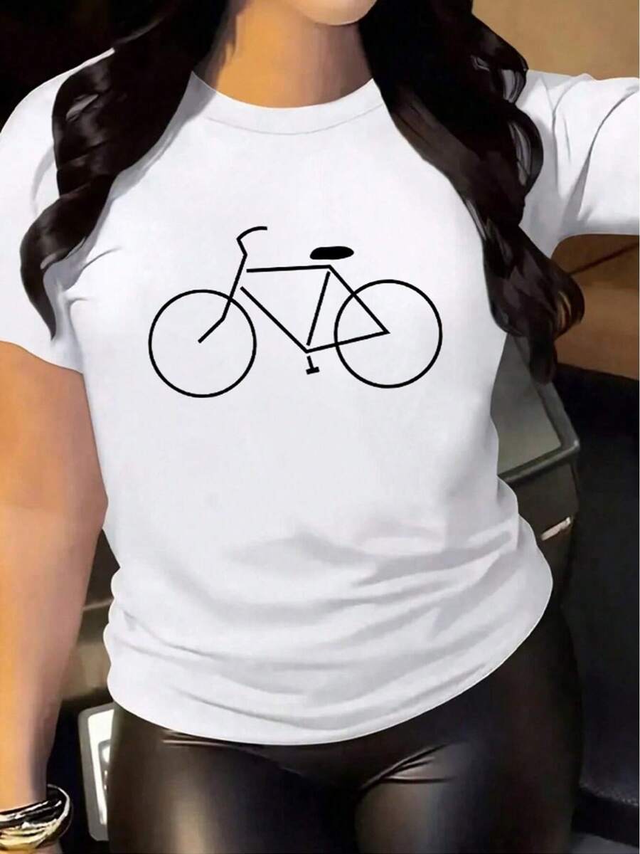 Camiseta Mujer Bicicleta Estampada Primavera Verano Casual Suelta Cuello Redondo Manga Corta - Blanco - Ver 1