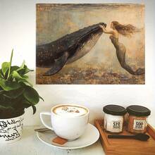 Tranh nghệ thuật phong cách retro trên vải canvas, hình ảnh nàng tiên cá và cá voi theo phong cách ấn tượng, cảnh dưới nước với tông màu ấm áp, thích hợp trang trí phòng khách hoặc phòng tắm. - 111 - Xem 2