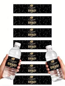 10/20Pcs Pegatinas para Botellas de Agua de Graduación, Etiquetas Envolventes para Botellas de Agua Negro y Dorado, Etiquetas para Botellas de Agua de Regalo para Fiesta de Graduación Universitaria Escolar, Pegatinas Temáticas de Graduación para Botellas de Agua para Decoración de Envoltorio de Regalo de Botellas de Agua de Fiesta de Graduación - oro negro - Ver 1