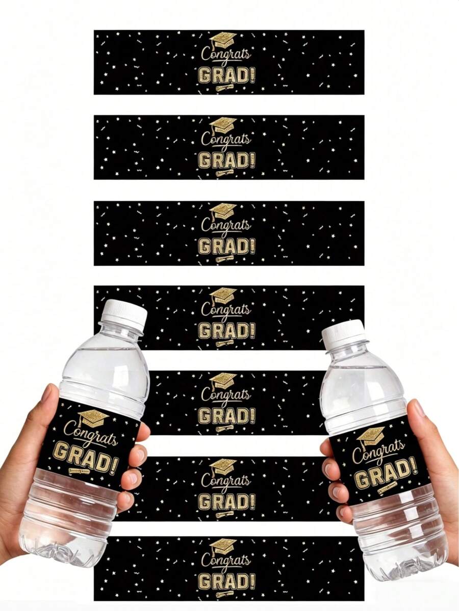 10/20Pcs Pegatinas para Botellas de Agua de Graduación, Etiquetas Envolventes para Botellas de Agua Negro y Dorado, Etiquetas para Botellas de Agua de Regalo para Fiesta de Graduación Universitaria Escolar, Pegatinas Temáticas de Graduación para Botellas de Agua para Decoración de Envoltorio de Regalo de Botellas de Agua de Fiesta de Graduación - oro negro - Ver 1