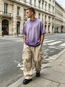 230g Thickened Gradient Lavender Washed Distressed Oversized Pure Cotton Short-Sleeve T-Shirt, Unisex Street/Hip Hop/Punk/Harajuku Style, Perfect Holiday Gift DG013 - Blåröd - Visa 4