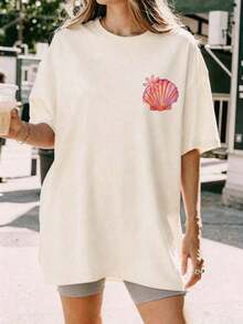 Women's Plus Size "Salty Soul" Print Short-Sleeved T-Shirt In Pink, Stretchy, Casual, Summer, White And . - 杏色 - 查看 3