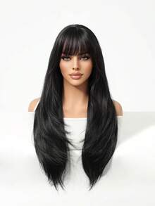 26 Inch Black Straight Wig With Bangs, Natural Looking Synthetic Hair Wig For Daily Wear, Party And Halloween - màu đen - Xem 3