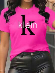Camiseta de manga corta para mujer , de cuello redondo y a la moda, con detalles exquisitos y un hermoso logotipo "K". Fabricada con un cómodo tejido de cuello redondo, es adecuada para el uso diario en primavera y verano, ideal para el ocio diario. - Rosa Fucsia - Ver 7
