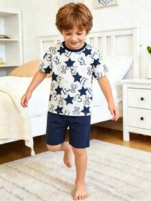 Bộ quần áo thường ngày 2 món mùa xuân/hè cho bé trai 4-7 tuổi, áo thun cổ tròn + quần short, thiết kế in chữ tương phản, chất liệu vải co giãn thoáng khí, dễ mặc, tối giản và thời trang, thoải mái và tiết kiệm, phù hợp cho mặc hàng ngày. - Màu xanh hải quân - Xem 2
