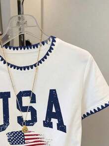 High-Quality  Women's Casual American Flag & Letter Print Contrast Trim Embroidered T-Shirt, Summer - trắng - Xem 5