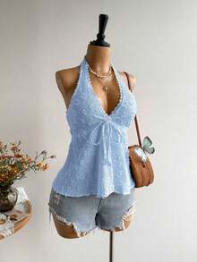 Conjunto de Playa Casual sin Espalda para Mujer, Estilo Bohemio, para Vacaciones, Festival de Música Hawaiana, Vacaciones Tropicales, Top Halter de Verano - Azul - Ver 5