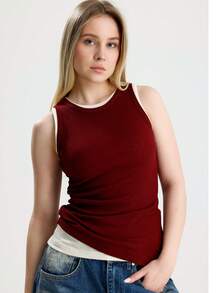 RoseArya Cotton Casual Slim Fit Double Layer Ribbed Tank Top - Burgundy - View 3