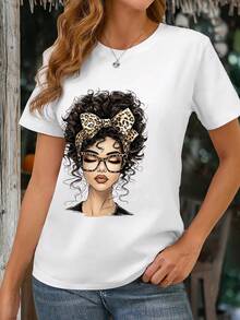 Women's Casual Printed T-Shirt Featuring An Elegant Woman With Curly Hair And A Leopard Print Bow, Designed For Everyday Casual Wear, Suitable For Spring, Summer And Autumn - 白色 - 查看 7