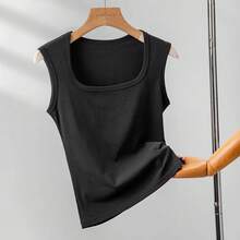 Camisola sin mangas para mujer, camiseta básica de verano con cuello cuadrado elástico, top sexy con hombros descubiertos - Gris Oscuro - Ver 1