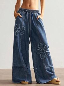 Jeans de pierna ancha de unicolor casual para mujer - Azul lavado oscuro - Ver 2
