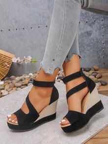 Women's Peep-Toe Thick Bottom Wedge High Heel Sandals, New Platform Peep Toe Roman Shoes For Summer - Black - View 4