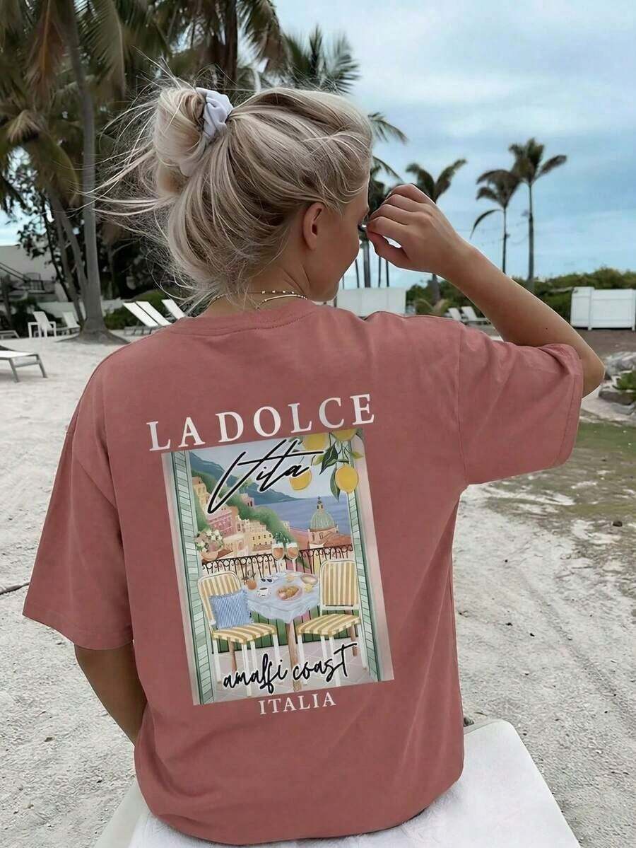 New Women's Summer T-Shirt, Casual, Colorful, With Letter And Oil Painting Print, Round Neck, Short Sleeve, Pink, Versatile And Fashionable, Suitable For Women's Tops, Leisure On Holidays And Spring Break, Black - 磚紅色 - 查看 1