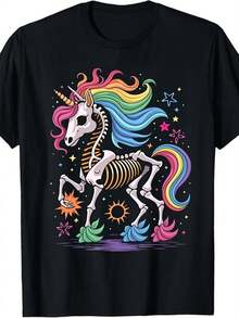 Camiseta de Unicornio Gótico para Mujer en con Melena Arcoíris, Estrellas y Estampado de Esqueleto - Colores Pastel, Corte Holgado, Cuello Redondo, Ideal para Uso Casual, Eventos Temáticos, Playa y Todas las Estaciones - Lavable a Máquina, Estampado Digital - Negro - Ver 1