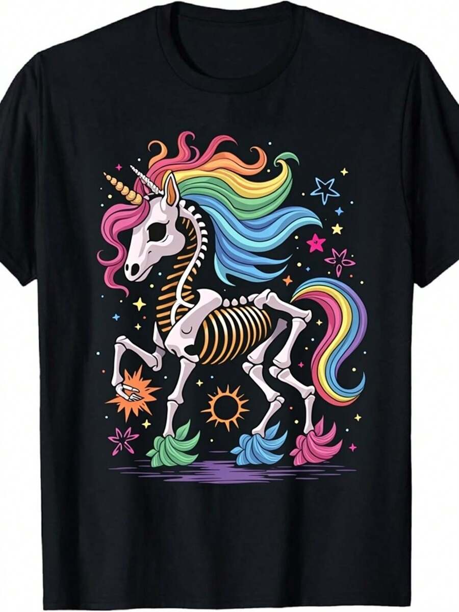 Camiseta de Unicornio Gótico para Mujer en con Melena Arcoíris, Estrellas y Estampado de Esqueleto - Colores Pastel, Corte Holgado, Cuello Redondo, Ideal para Uso Casual, Eventos Temáticos, Playa y Todas las Estaciones - Lavable a Máquina, Estampado Digital - Negro - Ver 1