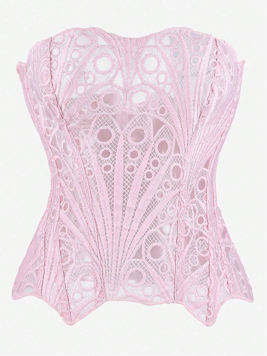 Corset Top In Lotus Pink, Strapless Bustier Bodice With Asymmetrical Hem And Floral Pattern, Slimming And Flattering Design For Women - Baby Pink - View 1