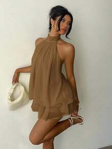 Vestido mini elegante de mujer con cuello halter y lazo en color amarillo claro - Caqui - Ver 1