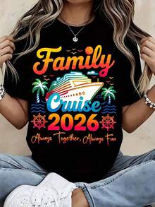 Women's Pure Cotton T-Shirt, Palm Tree And Ocean Design, Casual Round Neck, Soft, Comfortable, Stretch Fabric, Ideal For Vacation, Travel, Daily Wear, All Seasons, Casual Party Wear And Everyday Use - 黑色 - 查看 12