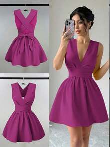 Vestido mini elegante y sexy para invitada de boda con cuello en V cruzado, sin mangas y corte evasé, diseño versátil para conciertos, playa, fiestas, primavera/verano, con bolsillos, vestido de noche con espalda descubierta de color amarillo mantequilla - Morado - Ver 8